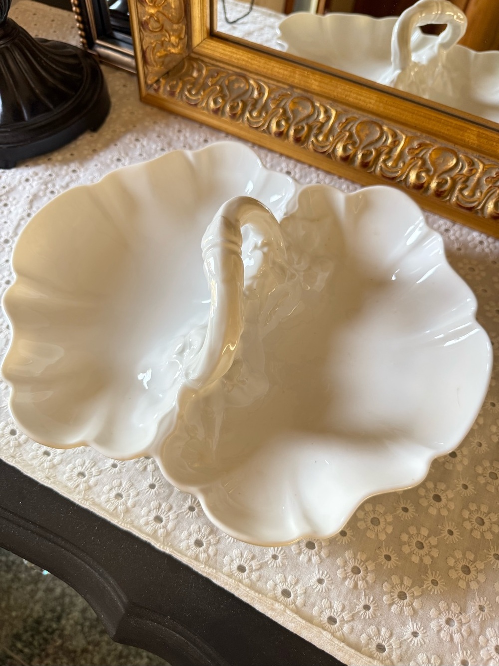 Vintage White Swan Divided Serving Dish 12” Scalloped Ceramic Centerpiece Bowl